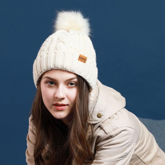 Womens Winter Warm Fleece Lined Knitted Soft Ski Cuff Beanie Hat with Pom Pom - Picture 6 of 6